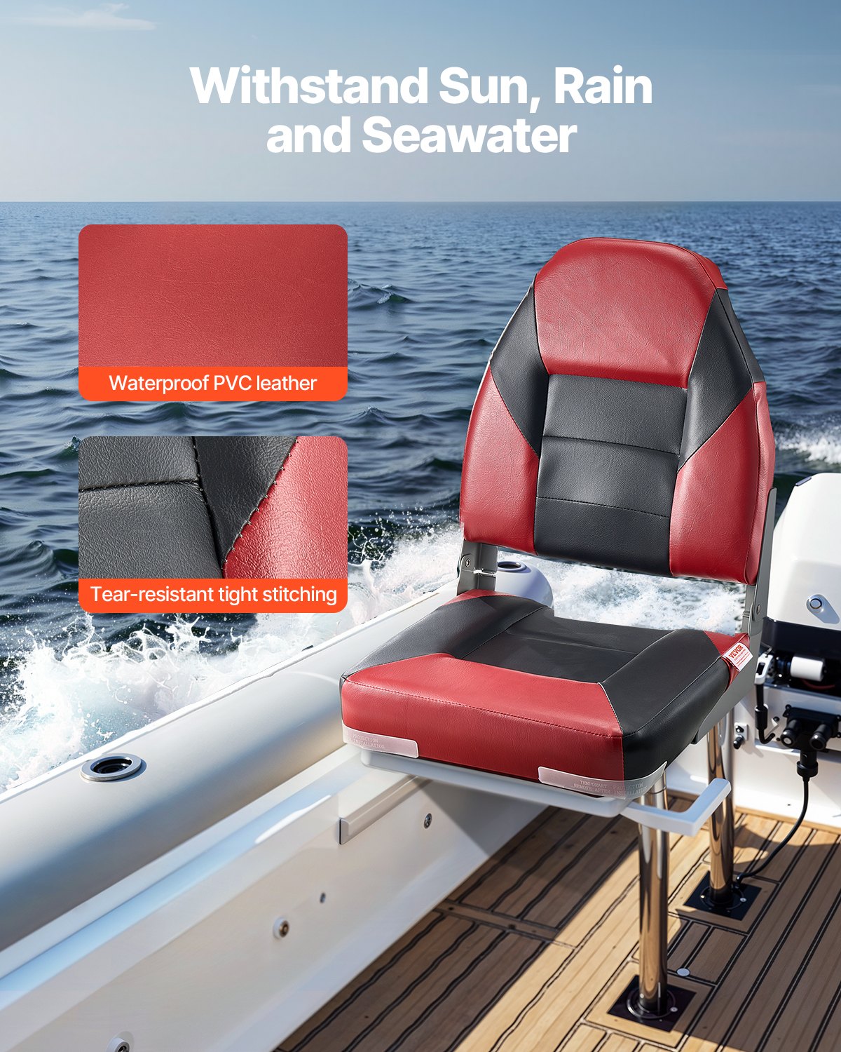 Boat Seat, High Backrest, Folding Fishing Boat Seat With Thickened Sponge Cushion & Waterproof PVC Leather, Aluminum Alloy Hinges, Flip Up Boat Seat For Boats, Yachts, Ships, Black & Red — imagen 4