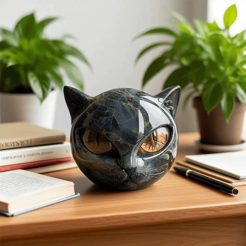 Black cat stone statue (resin head, marble texture): healing stone, souvenir, gift, home/office desk decor — image 7