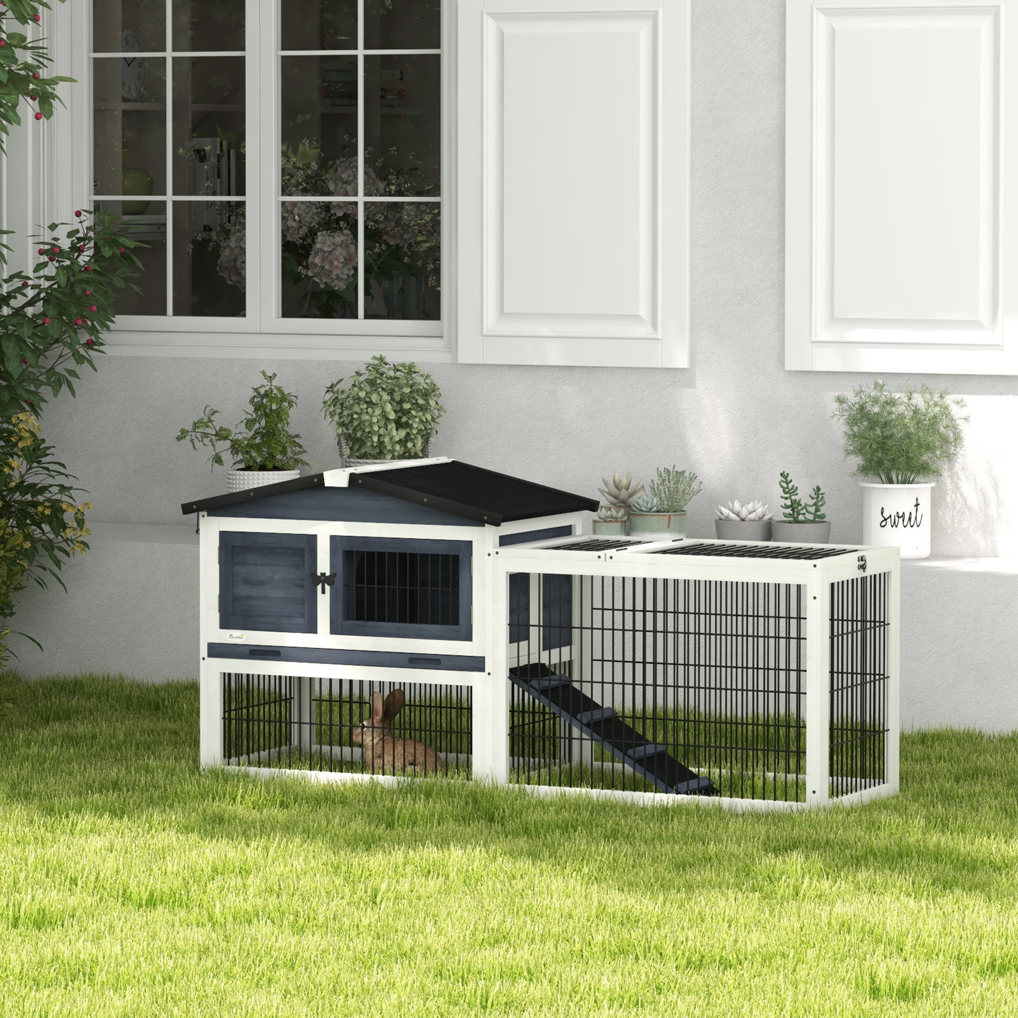 2 Level 59" Outdoor Rabbit Hutch With Openable Top, Dark Gray — imagen 1