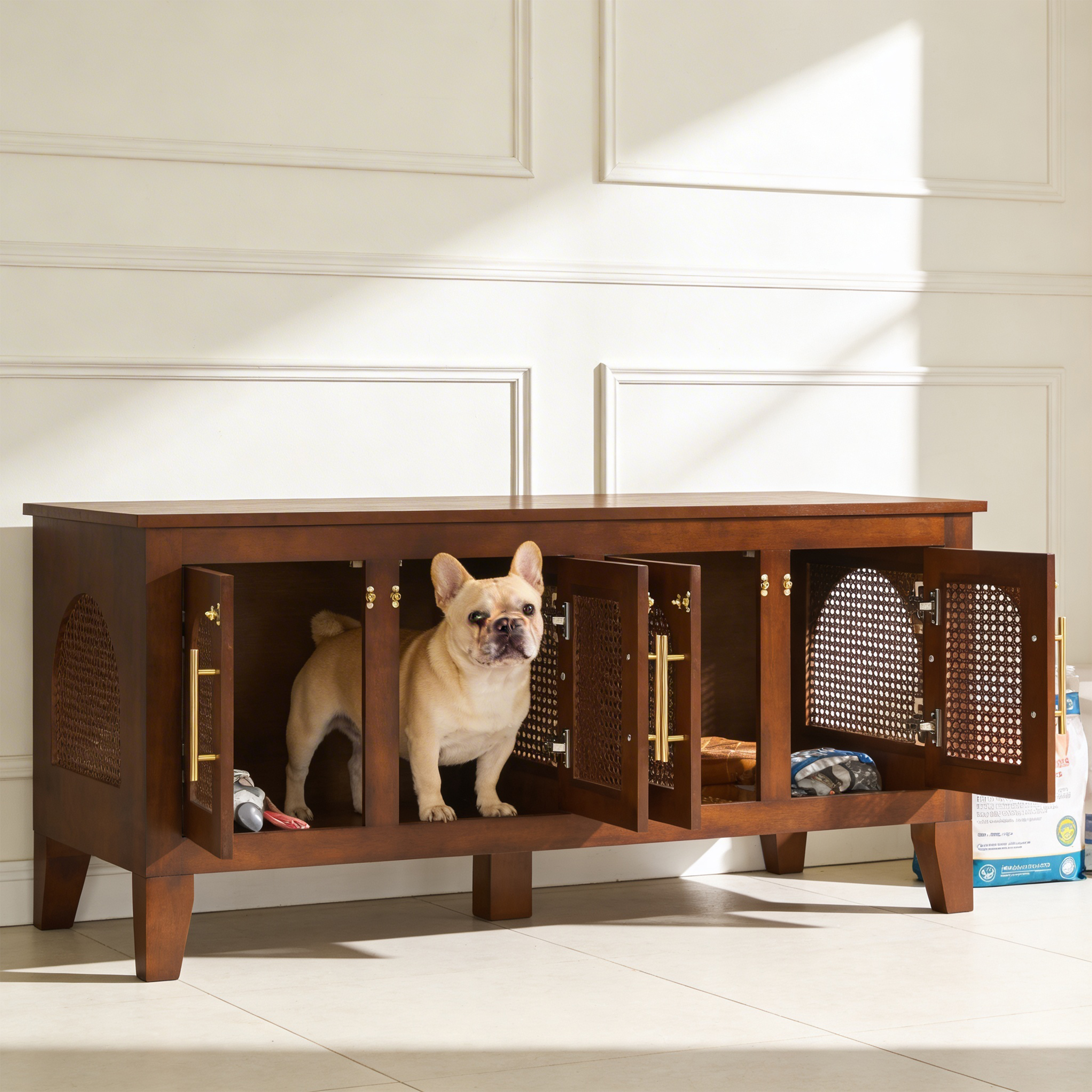 Lars Indoor Rattan Decorated Rubber Wood Dog Crate Cabinet Furniture -Stylish Pet Kennel With 4 Doors For Living Room — image 4