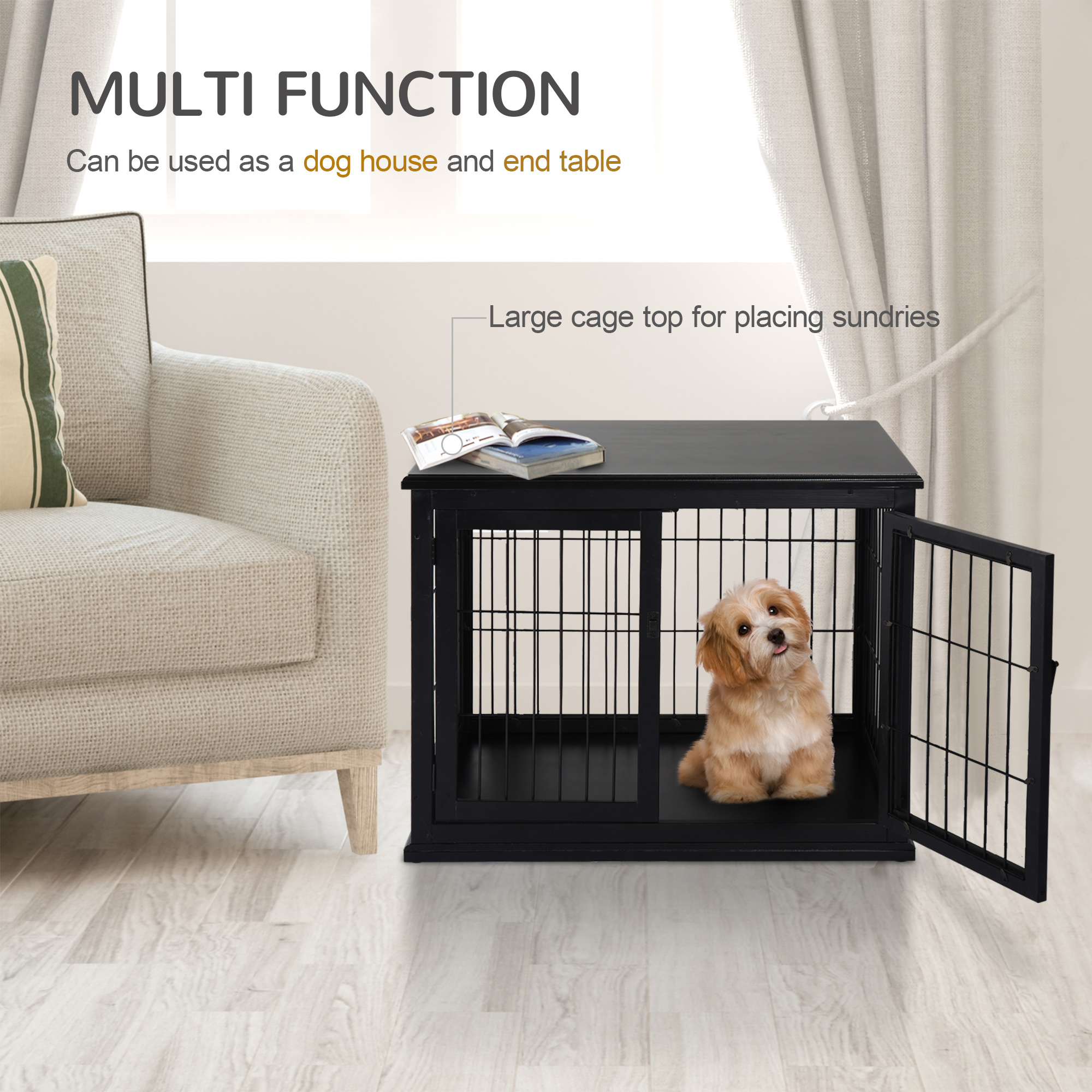 Dog Crate Furniture, 32" Small Dog Cage End Table with 2 Doors, Lockable Door, Puppy Kennel Indoor, Black — image 3