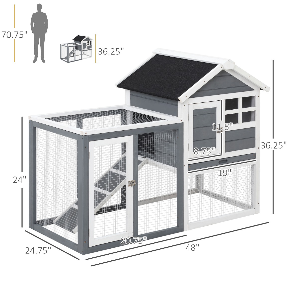 Caja para Conejos Interior, 48" Caja de Madera Resistente al Tiempo con Techo Asfáltico Inclinado y Corral Exterior Divertido para Conejos y Hurones - Gris — imagen 3