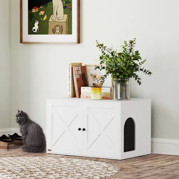 Cat Litter Box Enclosure With Barn Door, Cat Hole — imagen 4
