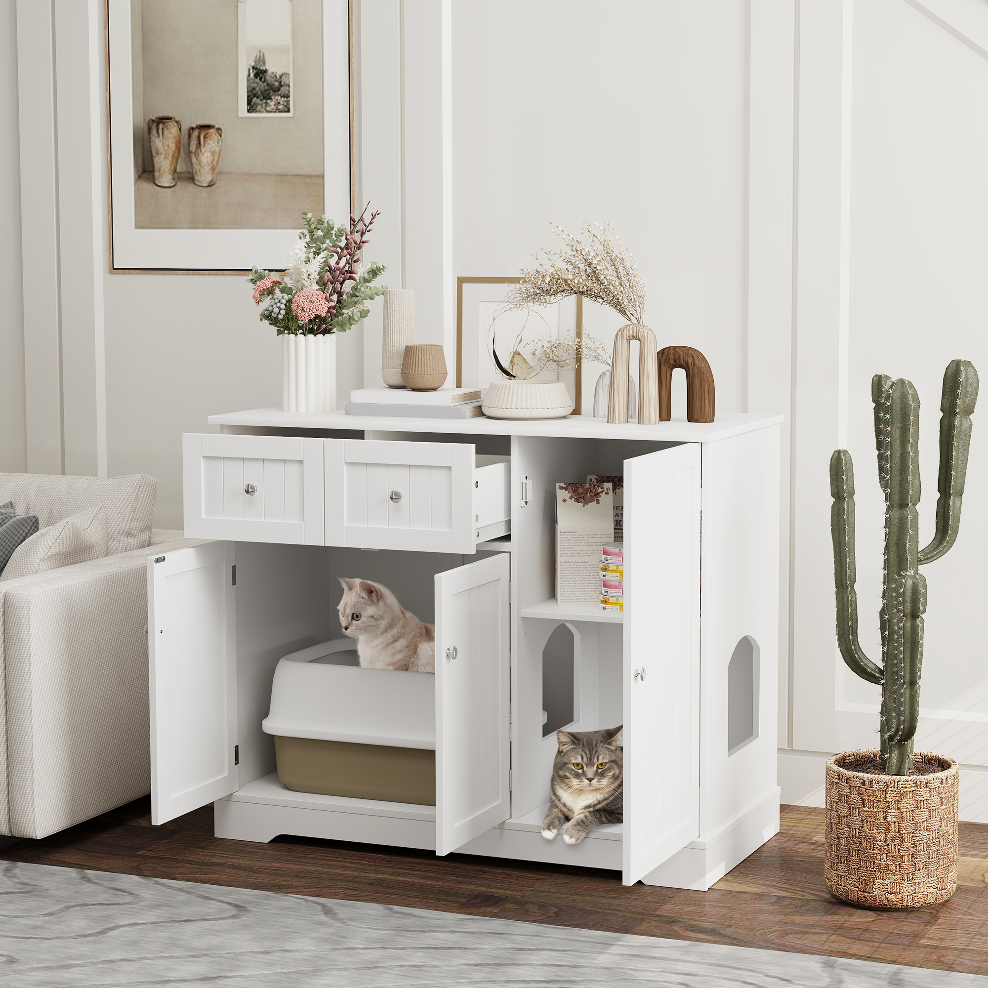 Caja de Arena para Gatos con Almacenamiento y Kit Anti-derribo, 99 cm x 46 cm x 80 cm, Blanco — imagen 1