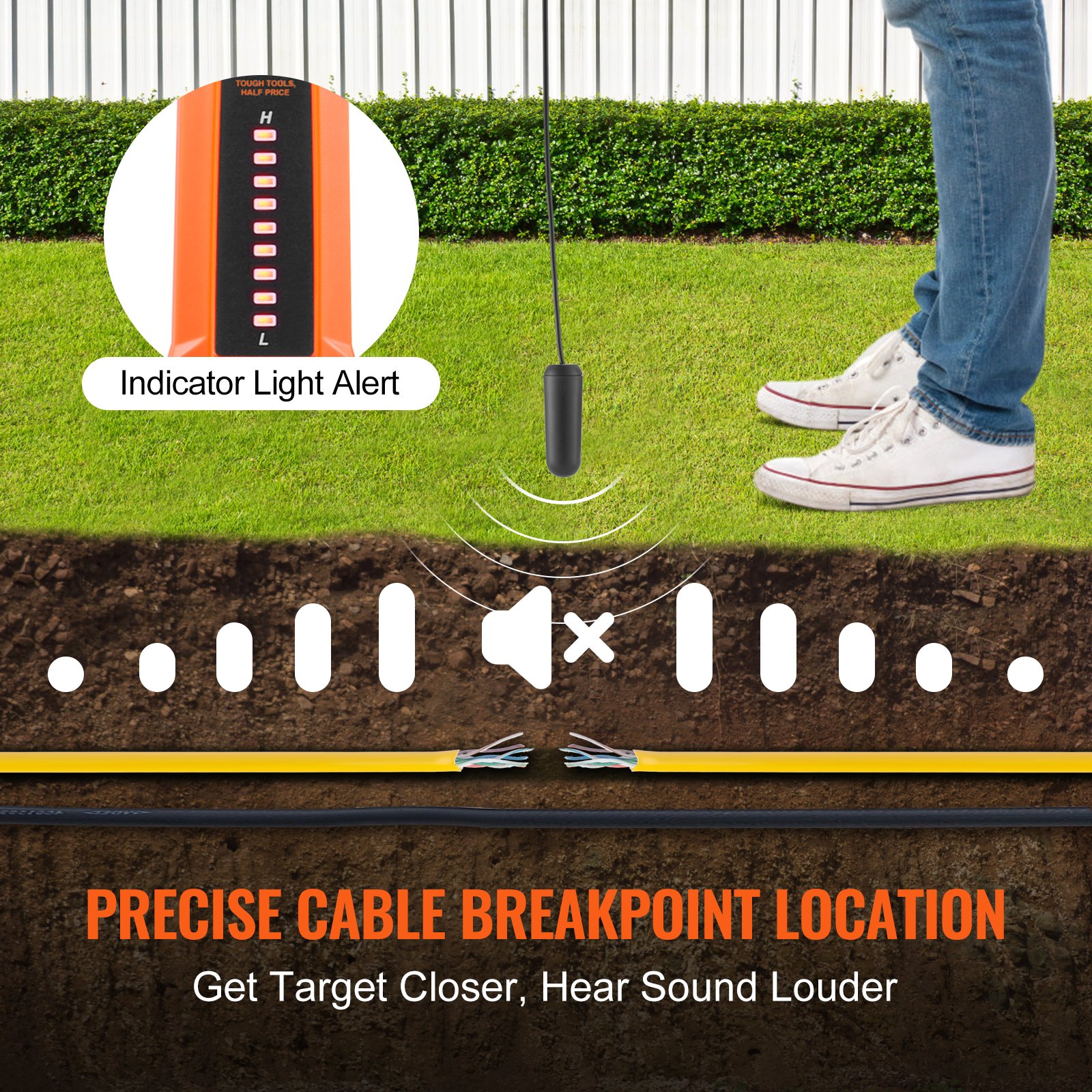 Localizador de Cables Subterráneos, 3 FT de Profundidad Máxima, Detector de Roturas con Auricular, Hasta 1000 FT de Longitud de Detección para Jardinería y Sistemas de Riego — imagen 3