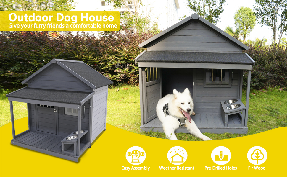 Casa para Perros Grande, Larga 44.2" x Ancha 44.6" x Alta 44.6", Madera Solida Teja de Asfalto con Terraza Grande para Perros Grandes, Impermeable y Segura, Puertas Pequeñas de Madera que Se Pueden Bloquear — imagen 2