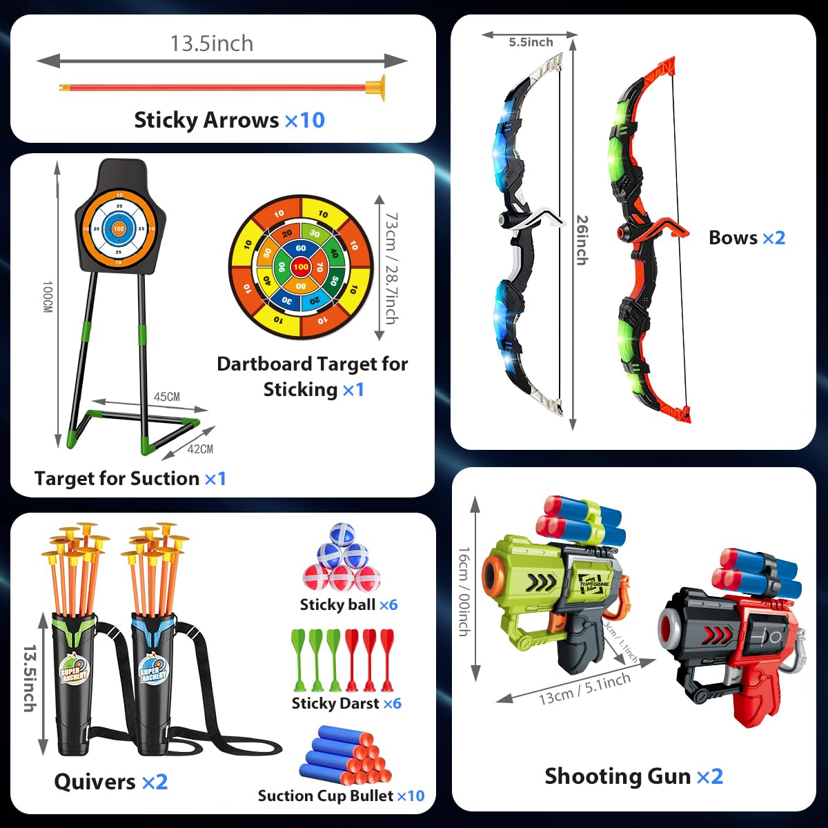 VATOS 2 Pack Bow And Arrow Toy With LED Light-4 In 1 Archery & Dart Game Set With 20 Suction Cup Arrows, Shark Glow Target & Dart Board - Indoor Outdoor Birthday Gift For Kids Boys Girls Ages 5-12 — image 7