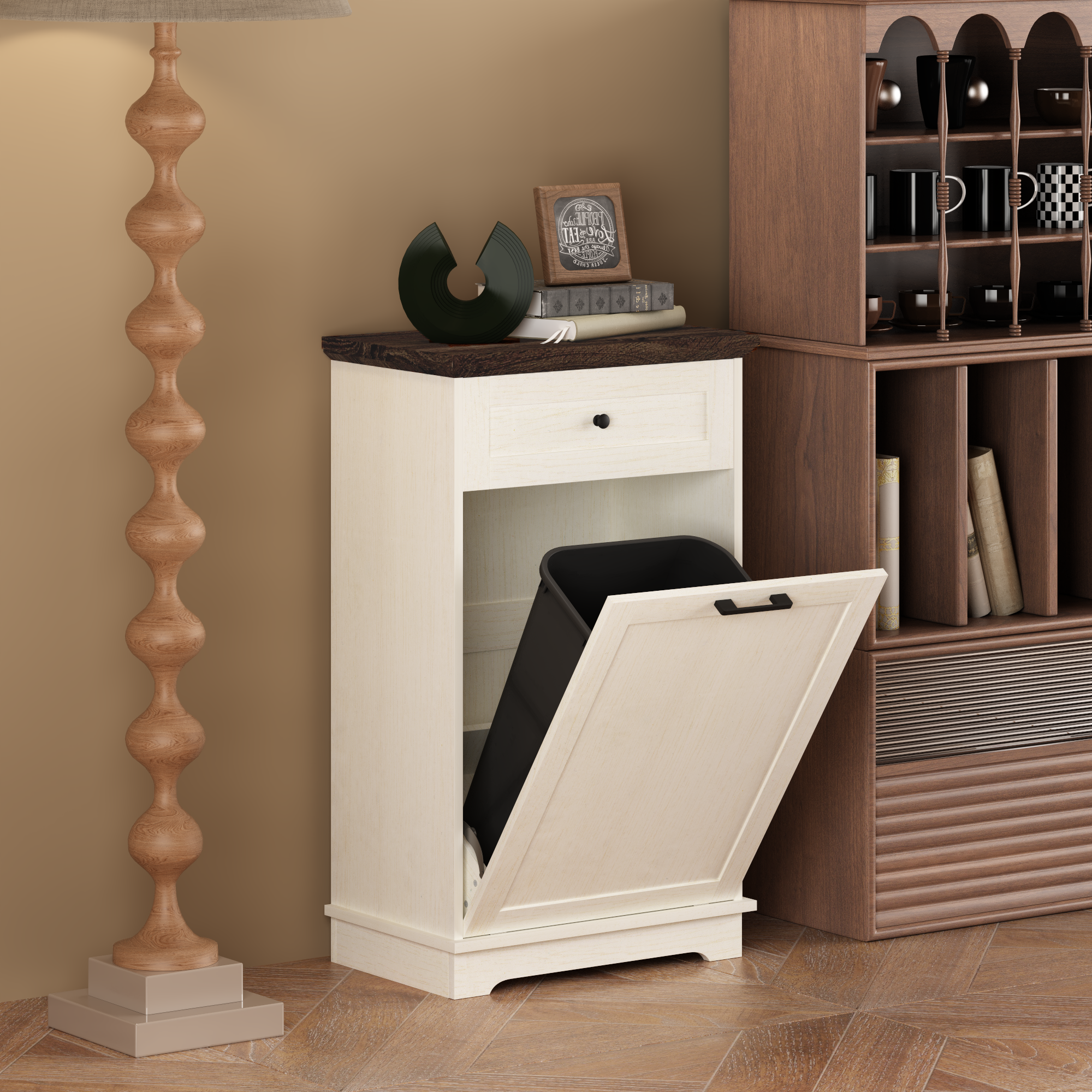 Mueble Basculante para Basurero de 10 Galones, Mueble Independiente para Bote de Basura, Mueble de Madera para Basura y Reciclaje con Cajón, a Prueba de Mascotas, para Cocina y Sala de Estar, Blanco Antiguo (No Incluye el Bote de Basura) — imagen 20