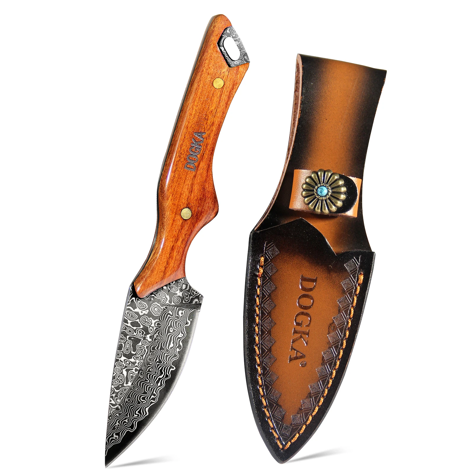 Handmade Damascus Hunting Knife, Full Tang Fixed Blade Camping Knife with Leather Sheath — image 1