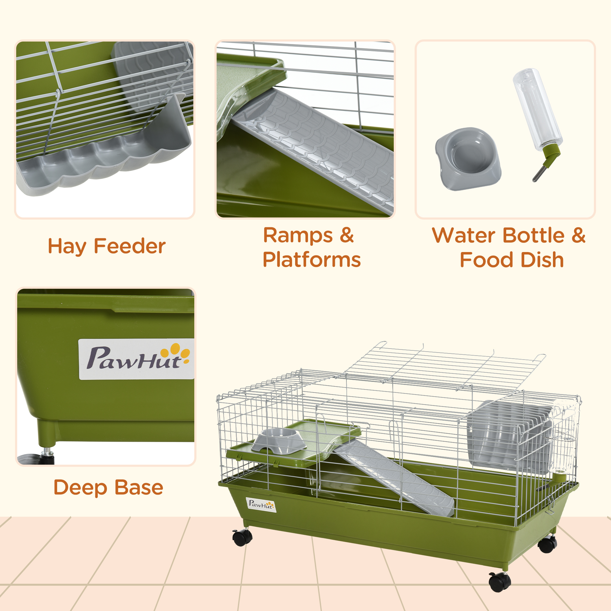 Jaula Grande para Animales Pequeños con Ruedas, Jaula para Conejo y Cuyo con Plato de Comida, Botella de Agua, Comedero de Heno, Plataforma y Rampa para Chinchilla, Verde — imagen 5