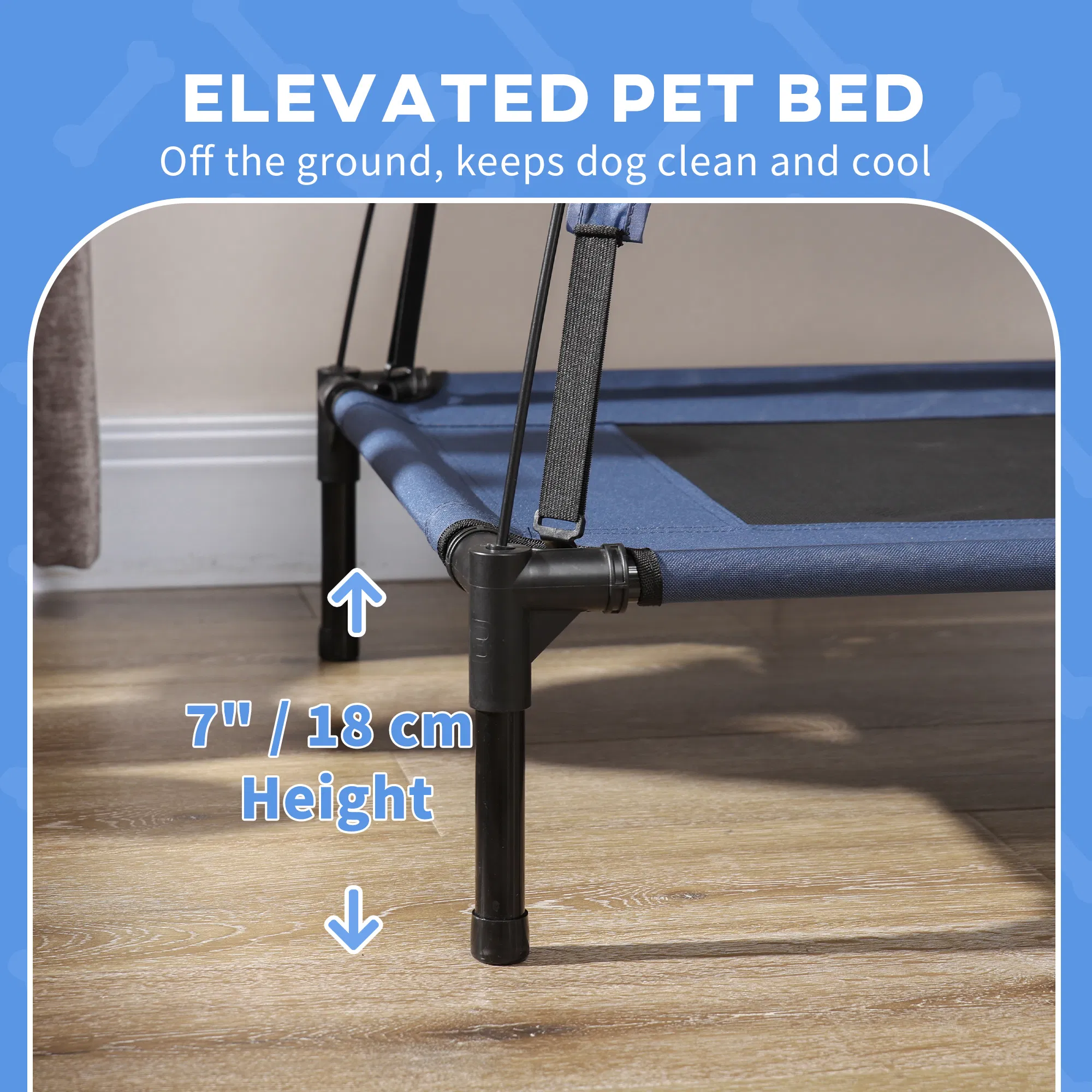 Elevated Dog Bed with Canopy, Portable Raised Dog Cot for L Sized Dogs, Indoor & Outdoor, 36" x 30" x 35", Dark Blue — image 2
