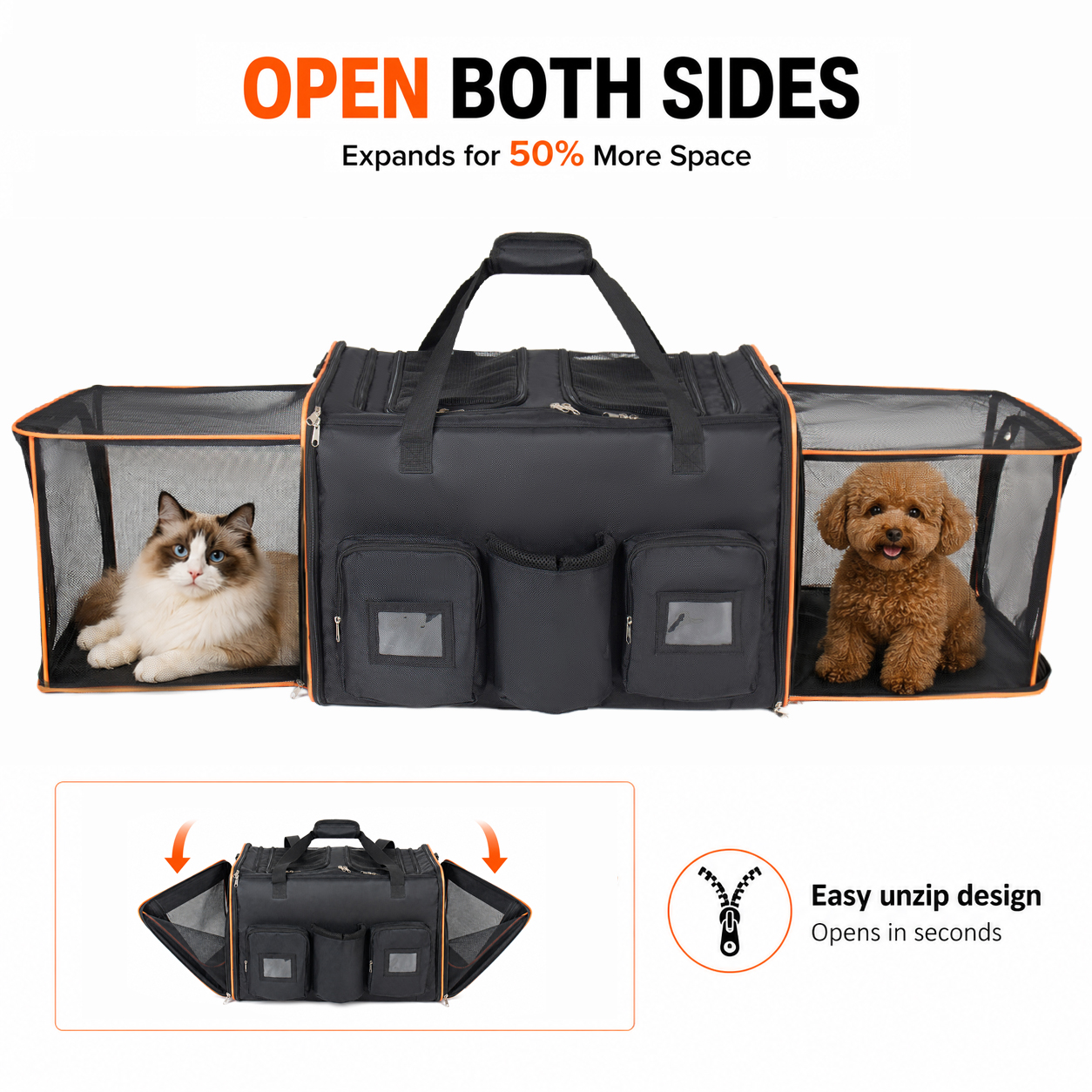 Transportadora Grande 2 en 1 para Gatos para 2 Gatos, Transportadora con Ruedas, Expandible y Plegable con Divisor Removible, Malla Transpirable de Oxford, Jaula de Viaje para Gatos para Auto/Campamento/Veterinario, Negro — imagen 3