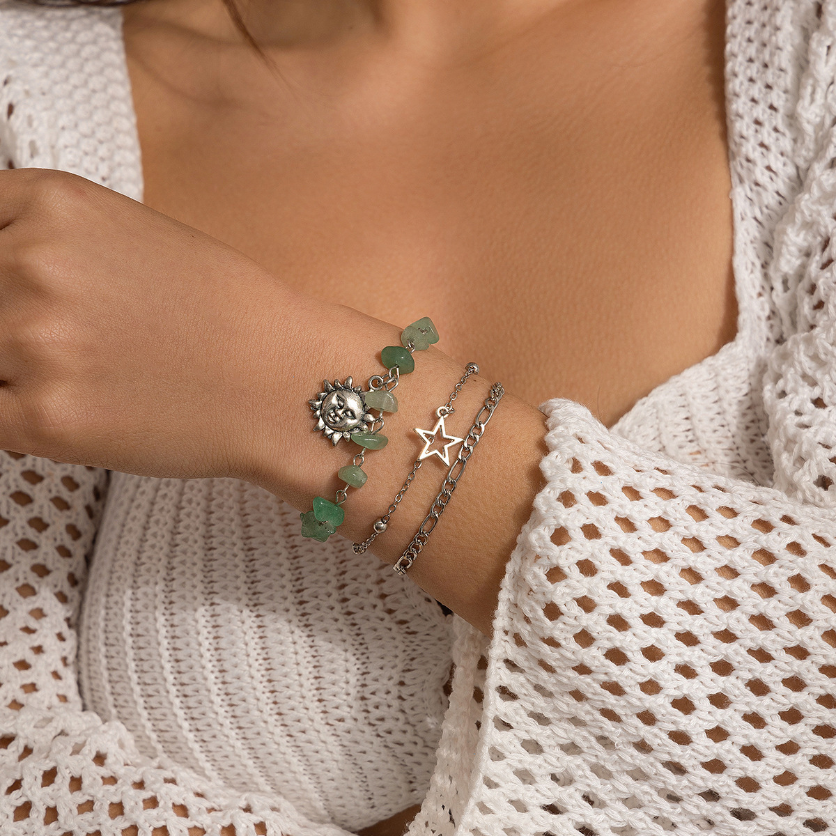 Pulsera de estilo retro étnico con forma de libélula estrella y piedras en cadena multicapa para mujer — imagen 7