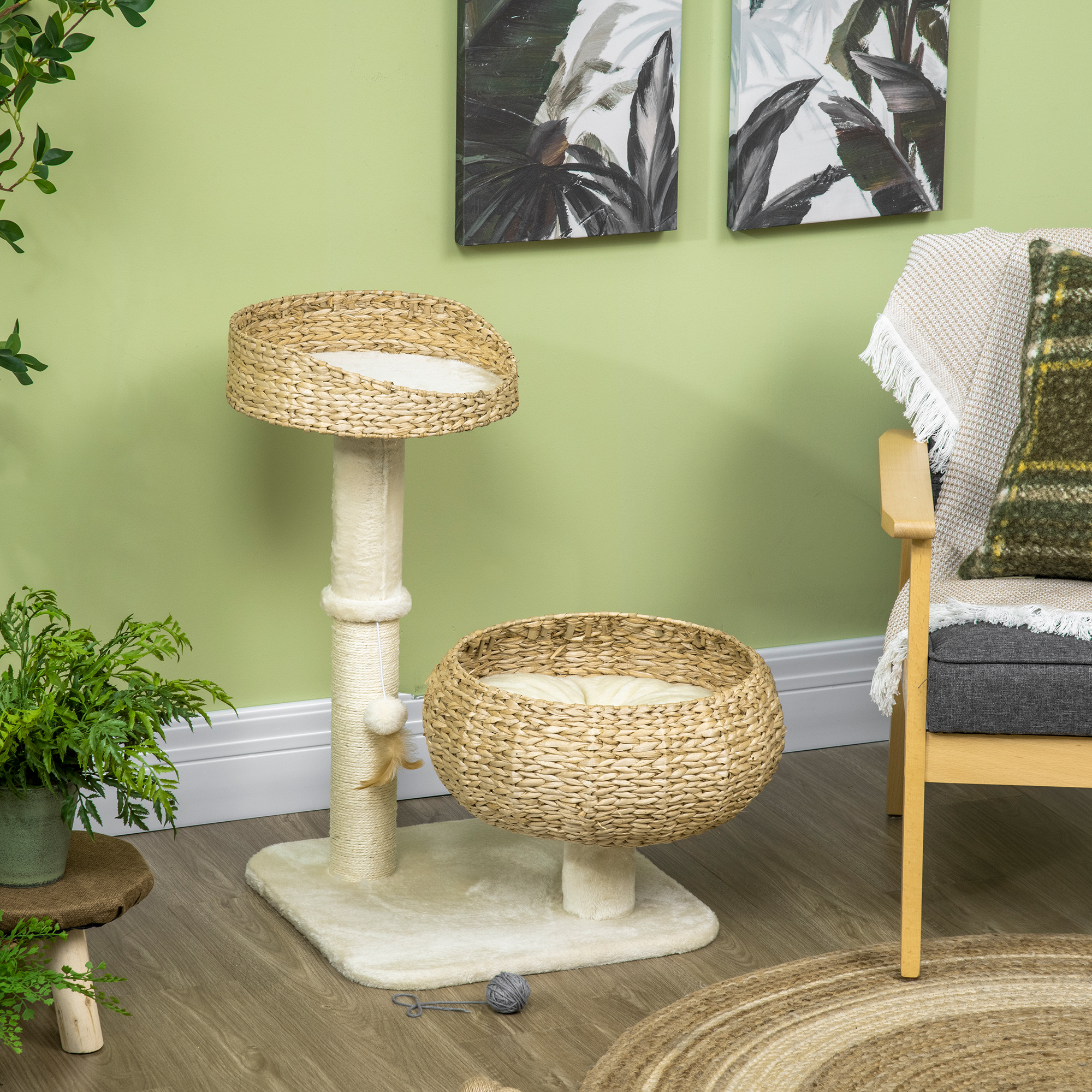 28" Elevated Cat Bed with Sisal Scratching Post for Indoor Kitties, Modern Cat Tree with Cute Basket Design, Small Cat Tree with Fun Ball Toy — image 2