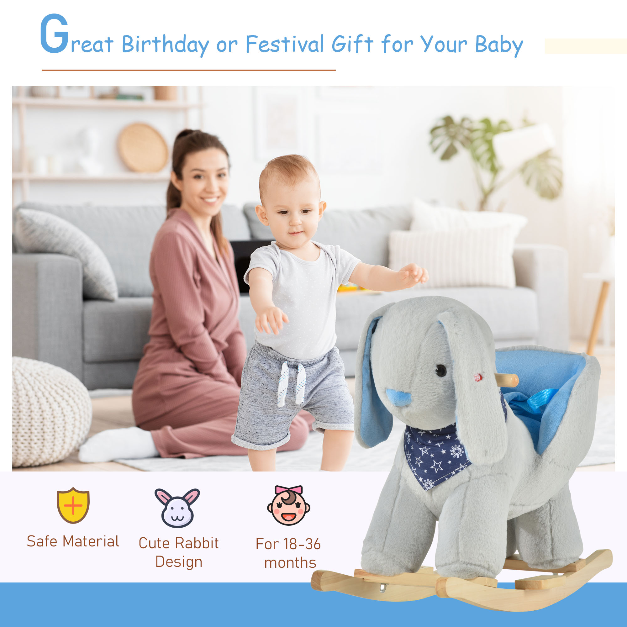 Kids Ride-On Rocking Horse Toy Bunny Rocker With Fun Play Music & Soft Plush Fabric For Children 18-36 Months — image 2