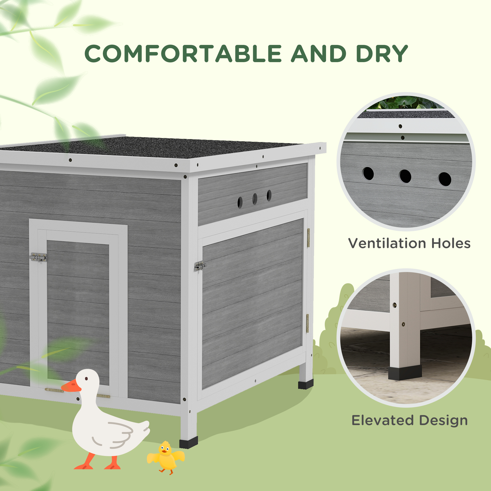 Casa de Pájaro de Madera con Techo Abordable, Suelo Removible, Dos Puertas, Rampita, para 2-4 Patos, Pollos, 25" x 32" x 30" — imagen 3