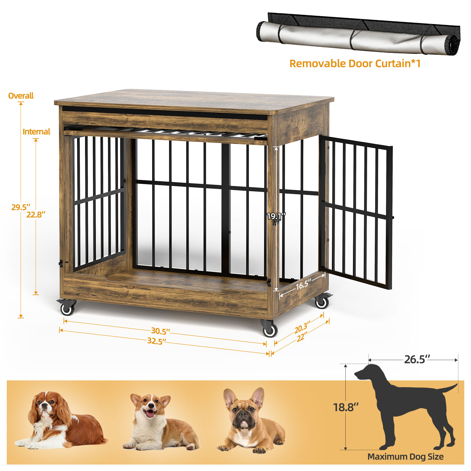 Dog Crate Furniture, Double Door Wooden Indoor Dog Kennel Furniture, Decorative Pet Cage End Table With Wheels For Medium And Small Breed Dogs, Size M, Greige — image 13