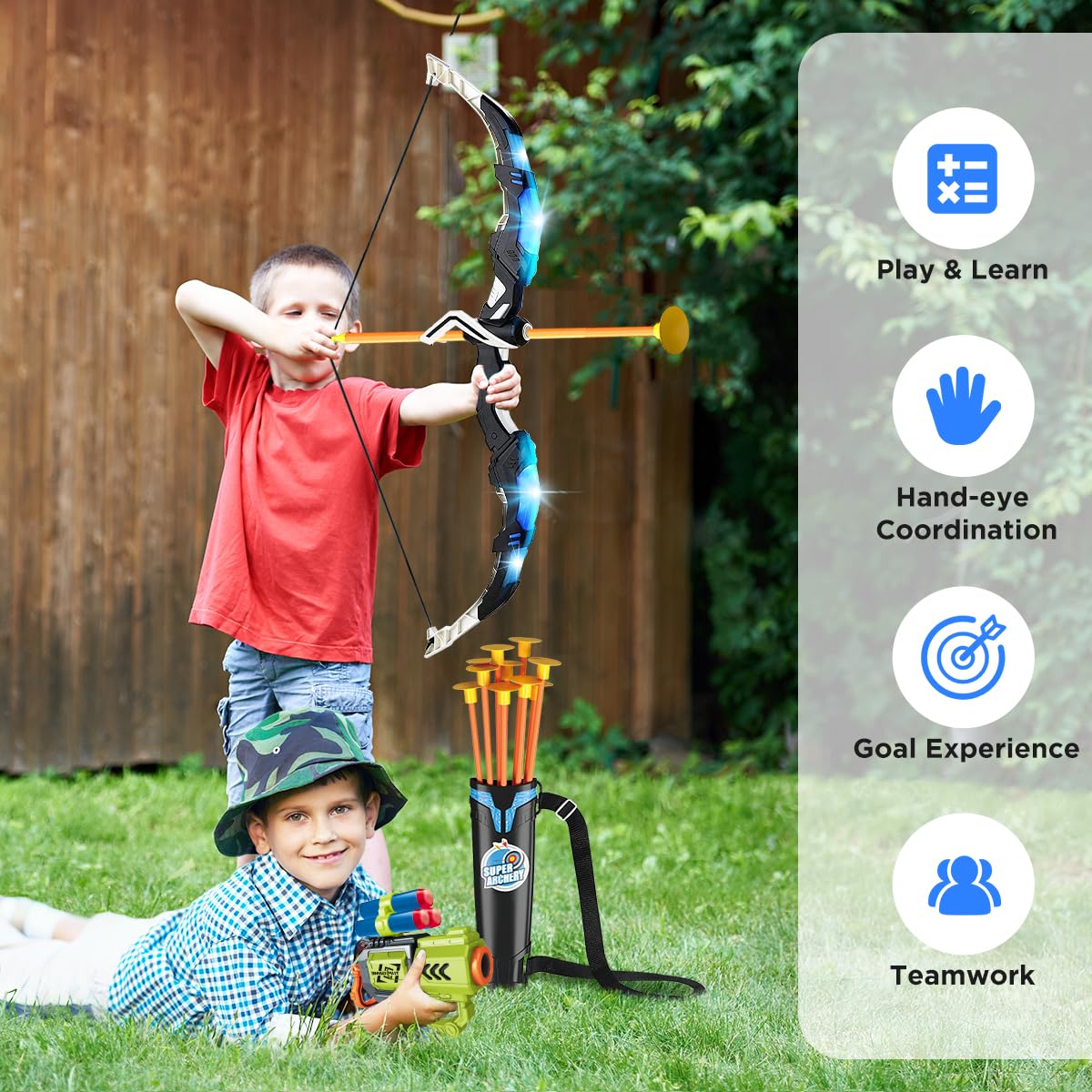 VATOS 2 Pack Bow And Arrow Toy With LED Light-4 In 1 Archery & Dart Game Set With 20 Suction Cup Arrows, Shark Glow Target & Dart Board - Indoor Outdoor Birthday Gift For Kids Boys Girls Ages 5-12 — image 6