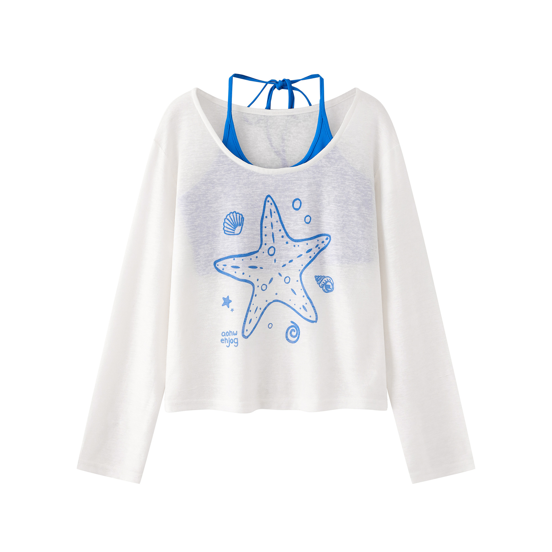 Camiseta de Dos Piezas con Estampado de Estrella de Mar para Mujer, Corte Colorido con Cierre de Faja y Manga Larga — imagen 2