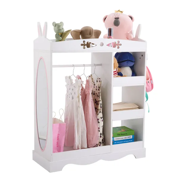 White MDF + Particleboard Children's Wardrobe With 1 Mirror, 3 Shelves, And 1 Clothes Rod; Rabbit Ear Design — imagen 1