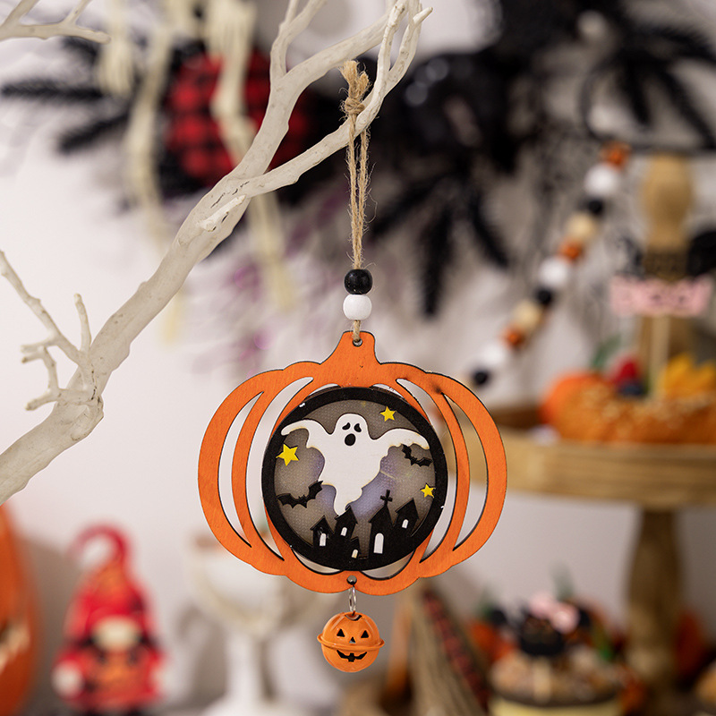 Lámpara de Pumkin de Madera para Colgar, Decoración de Ambiente de Halloween, Pendiente de Araña y Fantasma — imagen 6