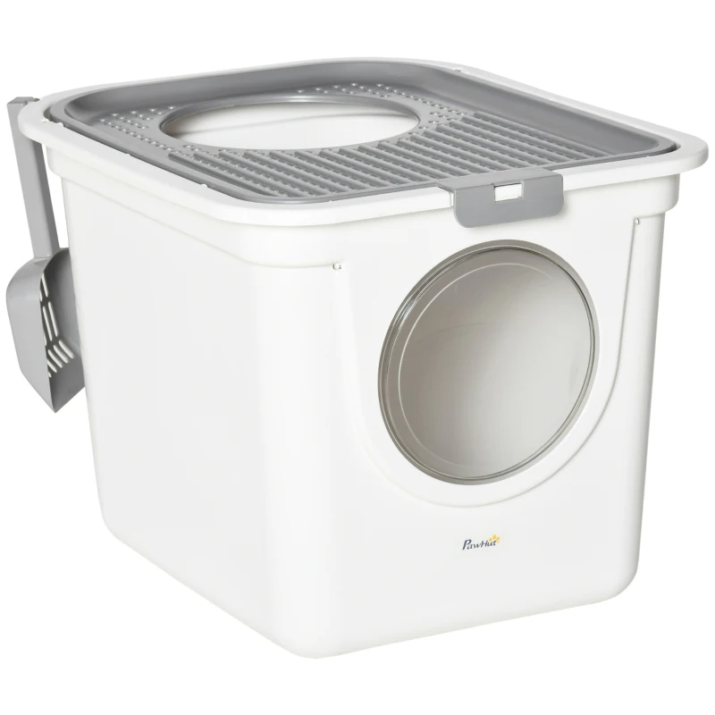Covered Cat Litter Box, Easy Cleaning Kitty Litter Box With Front Entrance, Top Exit, Scoop, For Odor Control, White — image 4