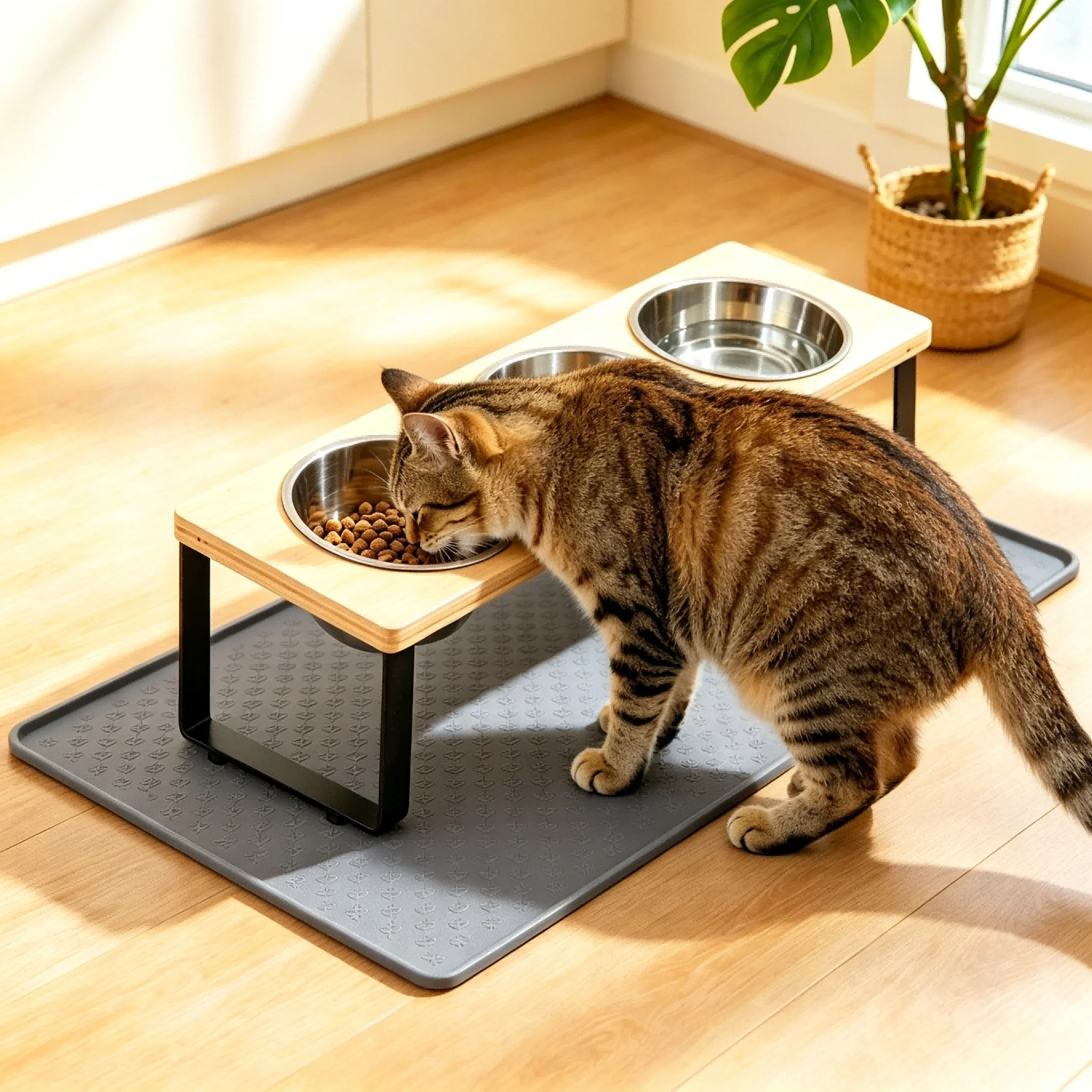 Comedero Elevado para Gatos con 3 Tazones, Inclinado 15°, Soporte de Bambú y Hierro, Tazones de Acero Inoxidable para Comida y Agua, Tapete de Alimentación de Silicona Impermeable y Antideslizante para Gatitos y Cachorros