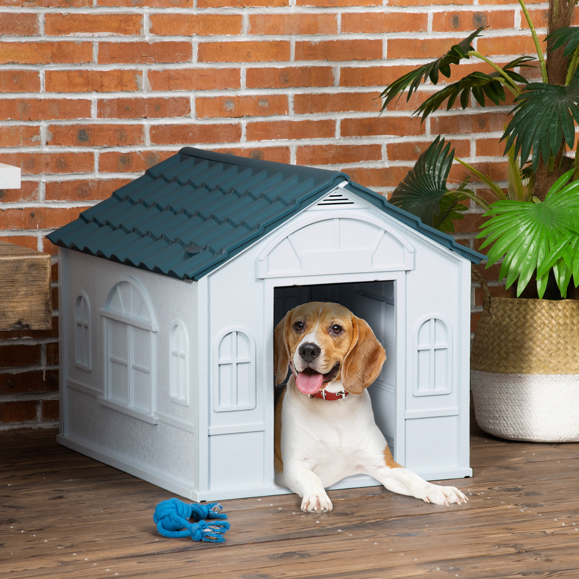 Casa de Plástico para Perros Medianos y Pequeños, Resistente al Agua, Refugio para Cachorros Interior-Exterior con Puerta, Fácil de Montar, Azul — imagen 1