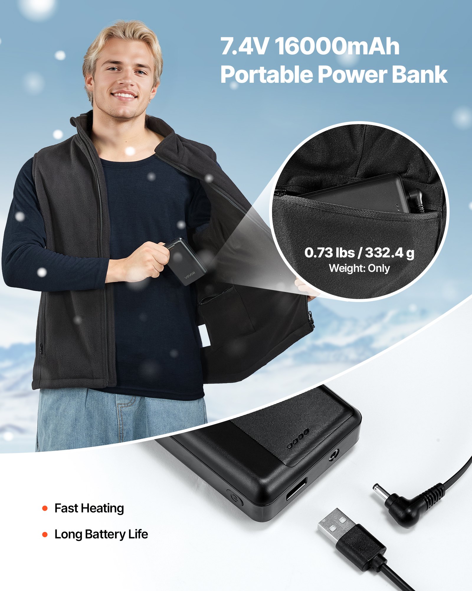 Vestido Calentador para Hombres, 16000 mAh, 6 Zonas de Calor, Invernadero Ligero con 3 Niveles, Para Caminatas, Camping, Pesca, Esquí Tamaño L — imagen 2