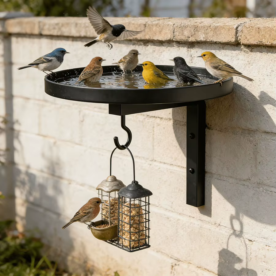 Wall Mounted Wrought Iron Bird Bath Feeder Tray 2 In 1 Outdoor Garden Yard Wall Decor Metal Craft Wild Bird Drinking Feeding Sta — image 1