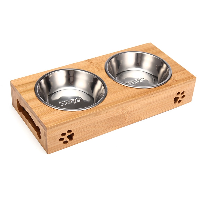 Doble Disco para Perros Comida y Agua, Platos de Acero Inoxidable con Base de Bambú para Mascotas Gatos Caninos Alimentadores — imagen 8