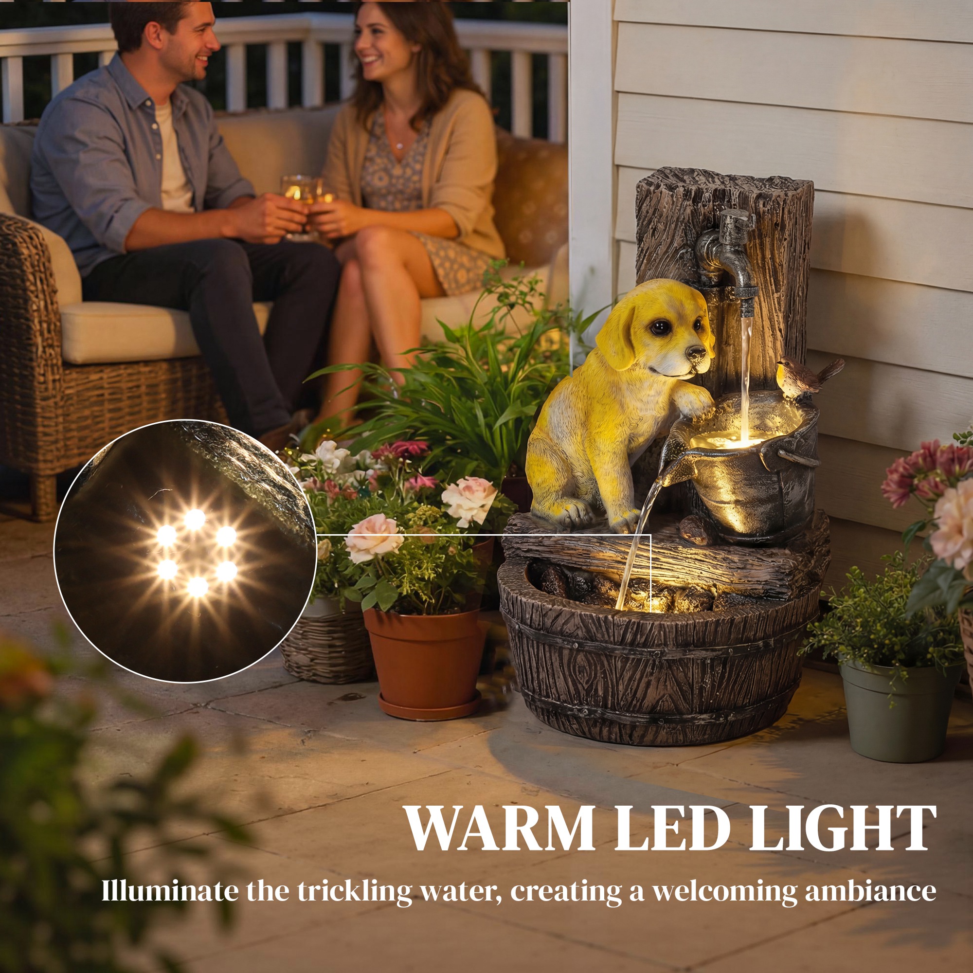 Fuente Exterior de 22" con Tema de Cachorro de 3 Niveles, Fuente de Jardín de Resina con Luces LED, Flujo Ajustable, Marrón Rústico — imagen 3