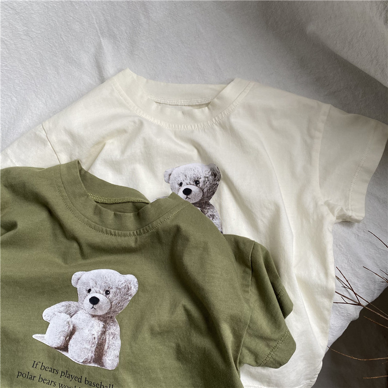 Round neck cartoon teddy bear printed short sleeved T-shirt — image 3