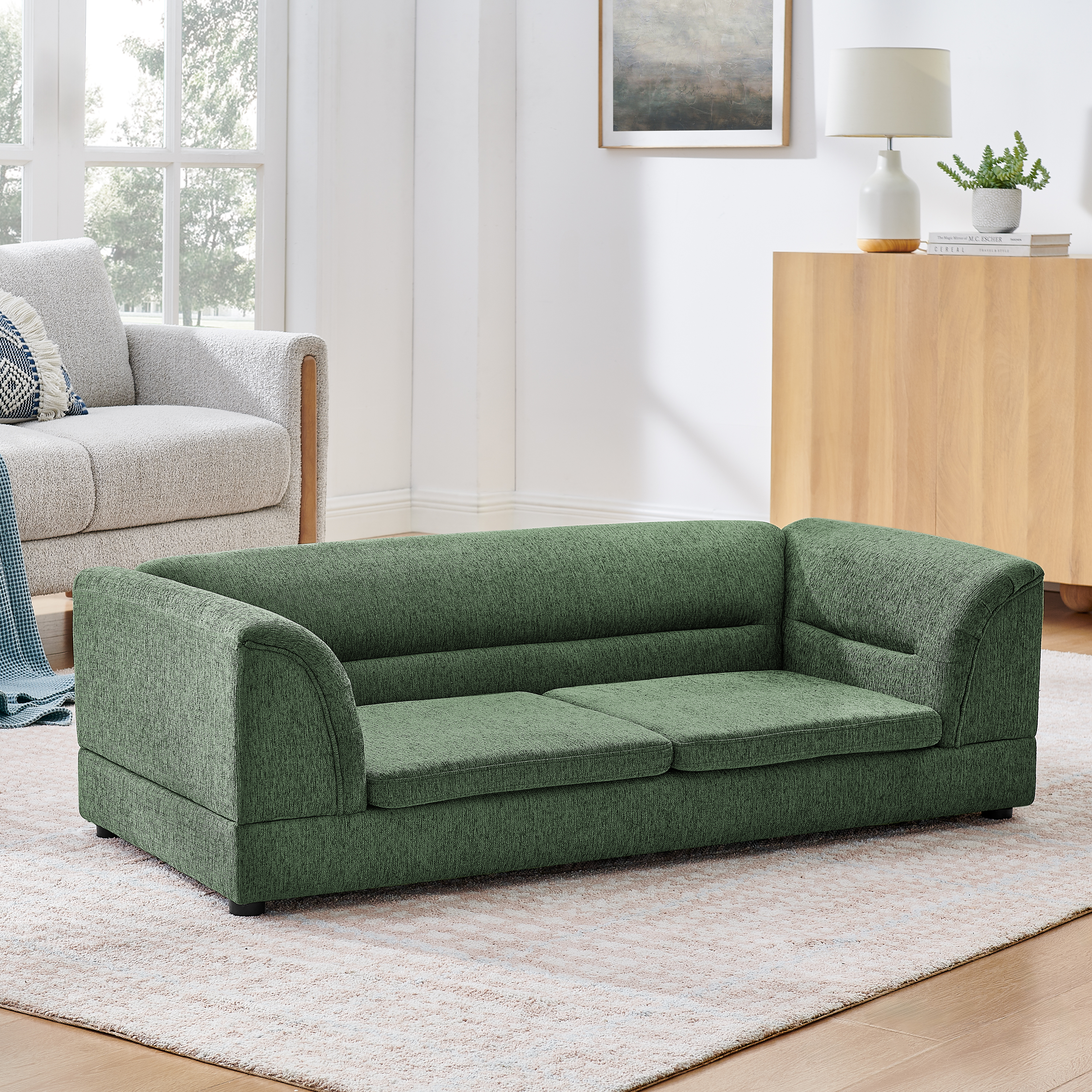 Oversized Pet Sofa, Curved Armrest Rectangular Dog Sofa, Linen Fabric Comfort Pet Couch for Large & Oversized Dogs-Olive Green — image 15