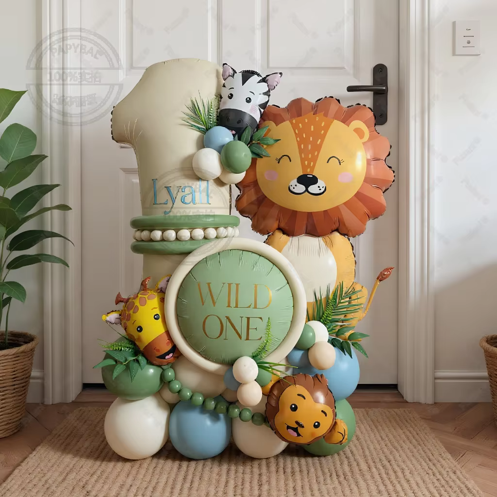 Set de 45 globos de cumpleaños con león, jirafa, número en color crema blanco, tema animal de la selva, decoración de fiesta de cumpleaños, regalo sorpresa — imagen 1