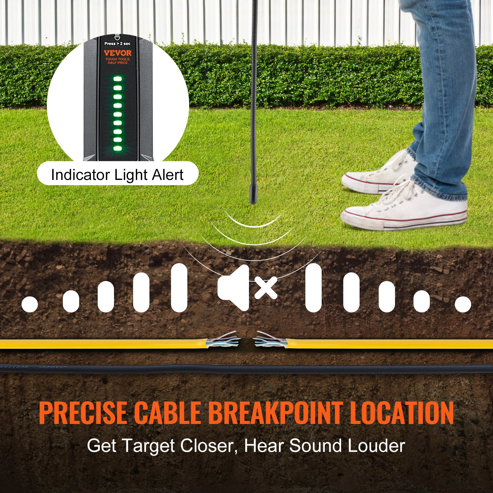 Localizador de Cables Subterráneos, 6,5 m Profundidad Máxima de Detección, Tracer de Cable Detector de Roturas con Auricular, 3280 m Longitud Máxima de Detección Tester de Cable para Perímetros de Mascotas, Riego y Valvulas Enterradas — imagen 6