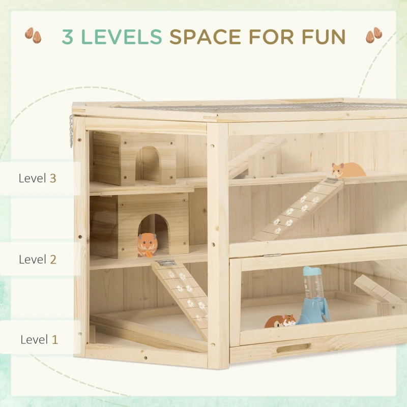 Wooden Large Hamster Cage Small Animal Exercise Play House 3 Tier With Tray, Seesaws, Water Bottle, Activity Center, Natural — image 8