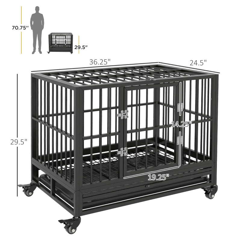 Heavy Duty Dog Crate Metal Cage Kennel With Lockable Wheels, Double Door And Removable Tray, Gray — imagen 5