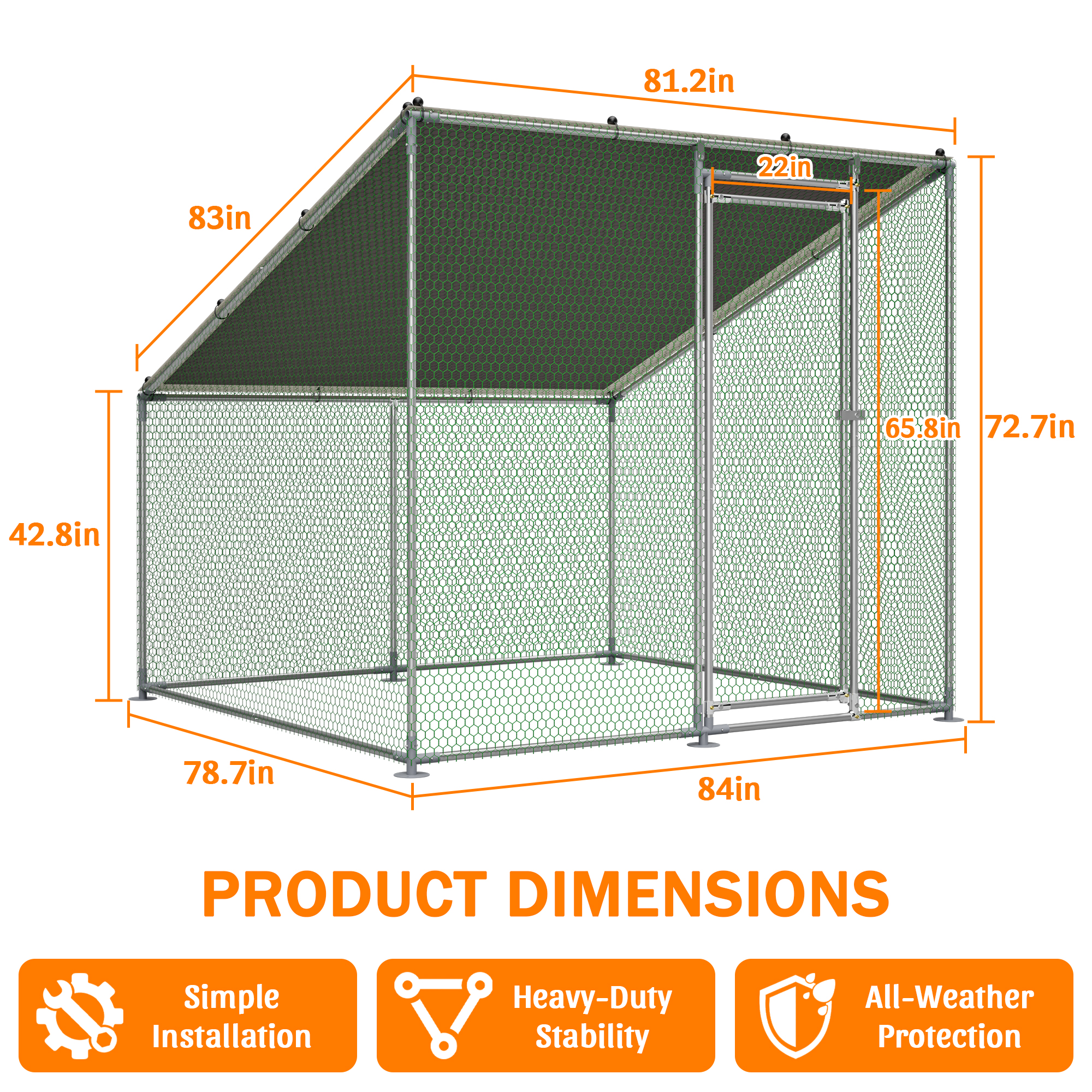 Gallinero Metálico Transitable 84 x 78.7 x 72.7, Techo Inclinado, Jaula Resistente para Todo Clima con Funda Impermeable y Anti-UV, Corral Estable de Exterior para Patio con Conectores de Botón a Presión y Malla Reforzada — imagen 2