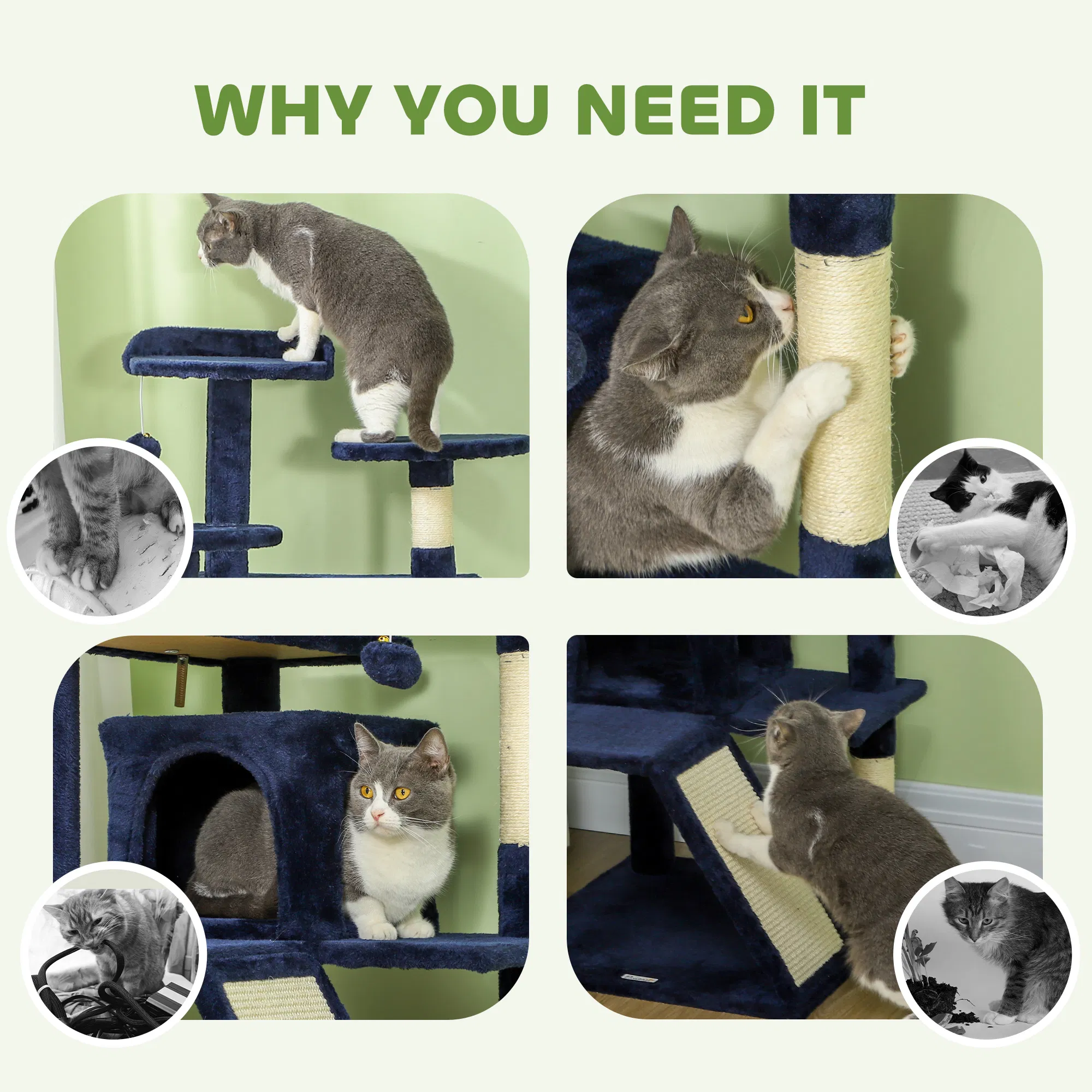 54" Cat Tree, Multi-Level Cat Tower with Scratching Posts, Cat Condos, Bed, Platforms, Ramp, Toy Ball, Dark Blue — image 5