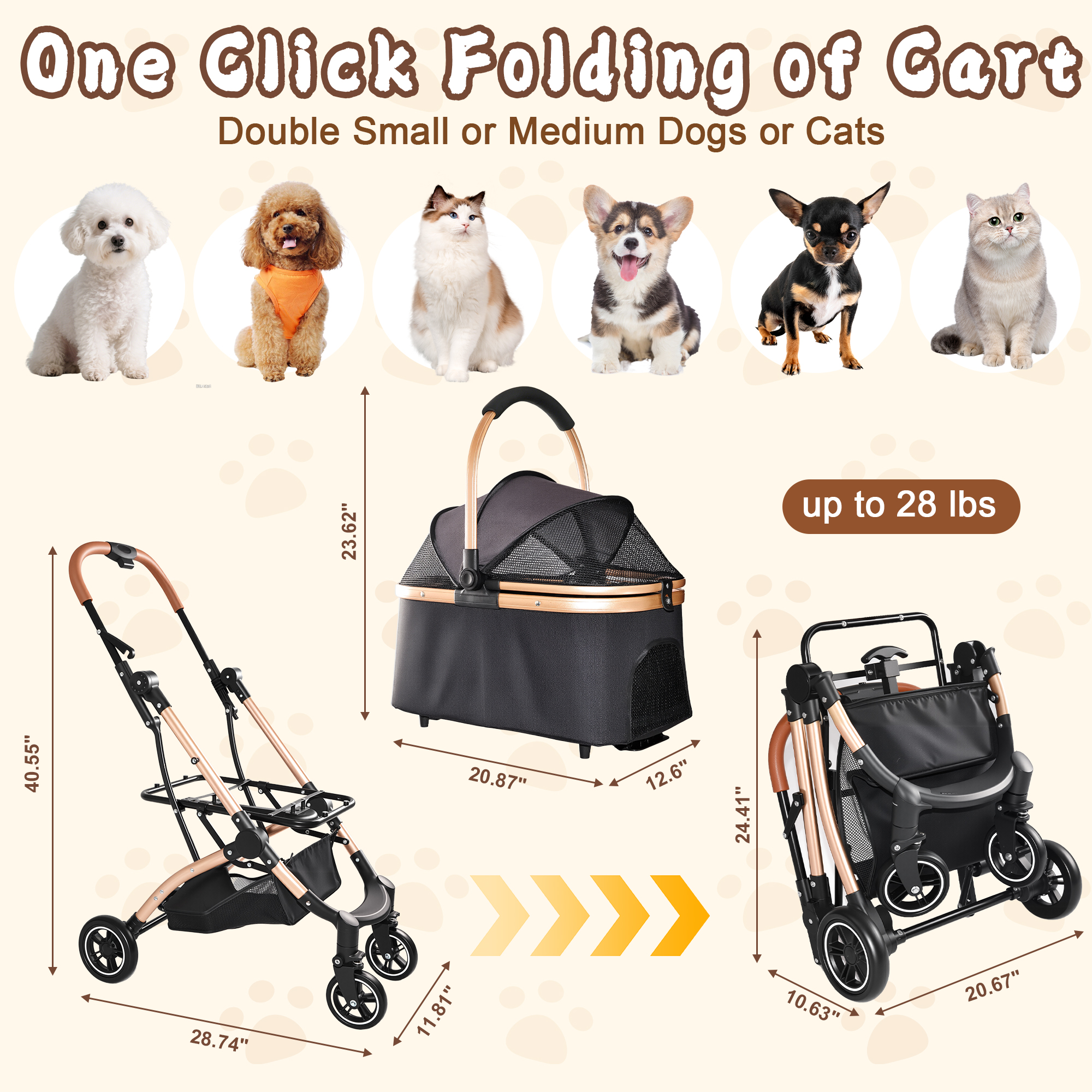 Pet Stroller for Dogs and Cats, 2-in-1 Detachable Foldable 4 Wheels Pet Stroller, Quick One-Hand Fold, Storage Basket, Detachable Carry Basket with Sun Canopy(Black+Gold) — image 2
