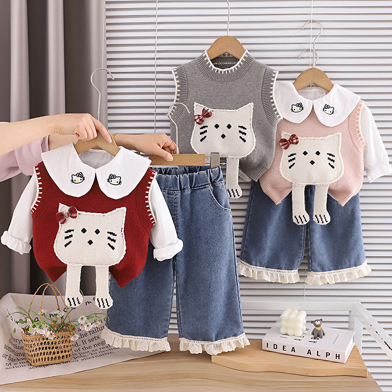 Girls Cat Pattern Sweater Vest Shirt Pants Set — image 3