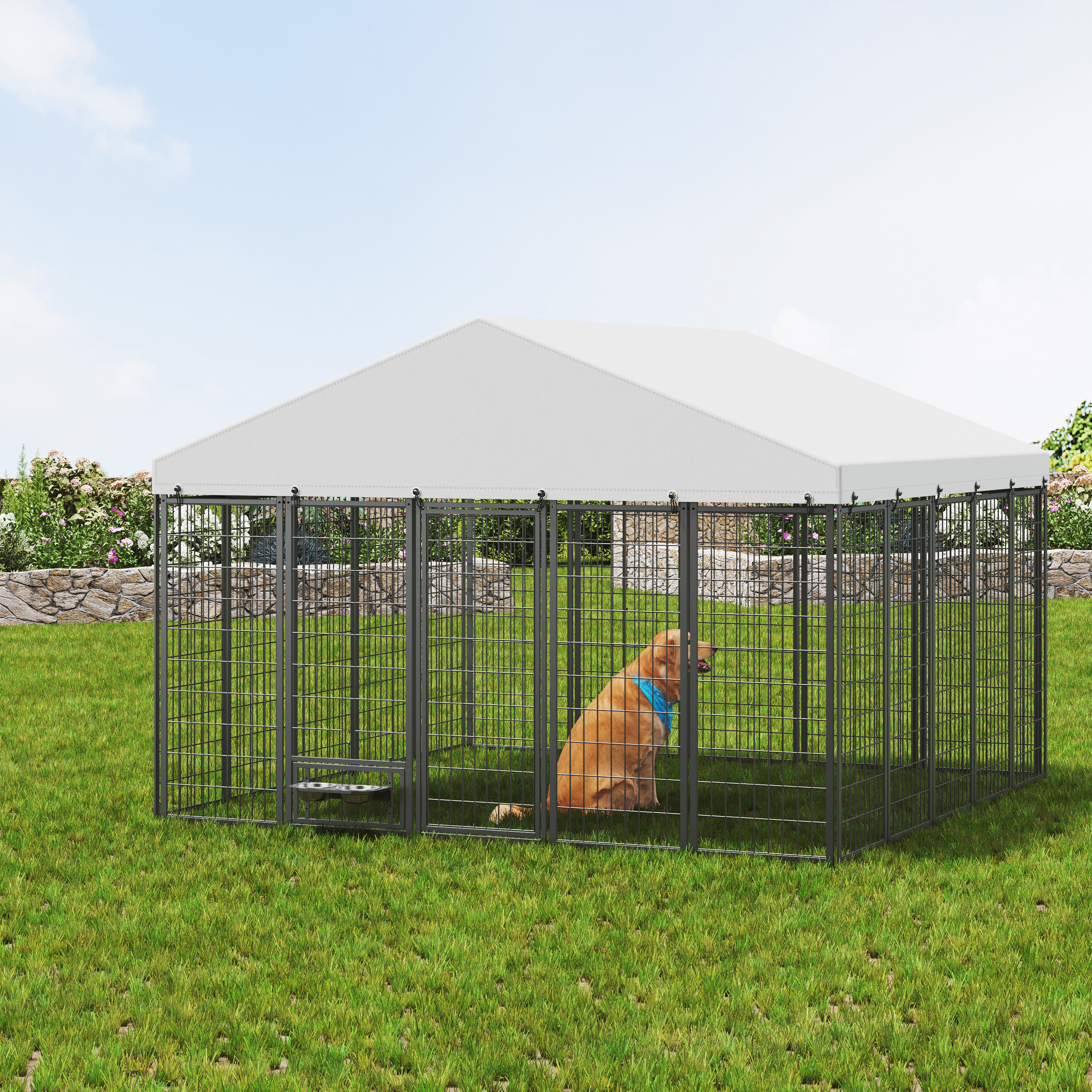 Large Dog Kennel Outdoor Pet Pens Dogs Run Enclosure Animal Hutch Metal Coop Fence With Roof Cover. 9.61'L X 9.45'W X 6.77'H — imagen 2