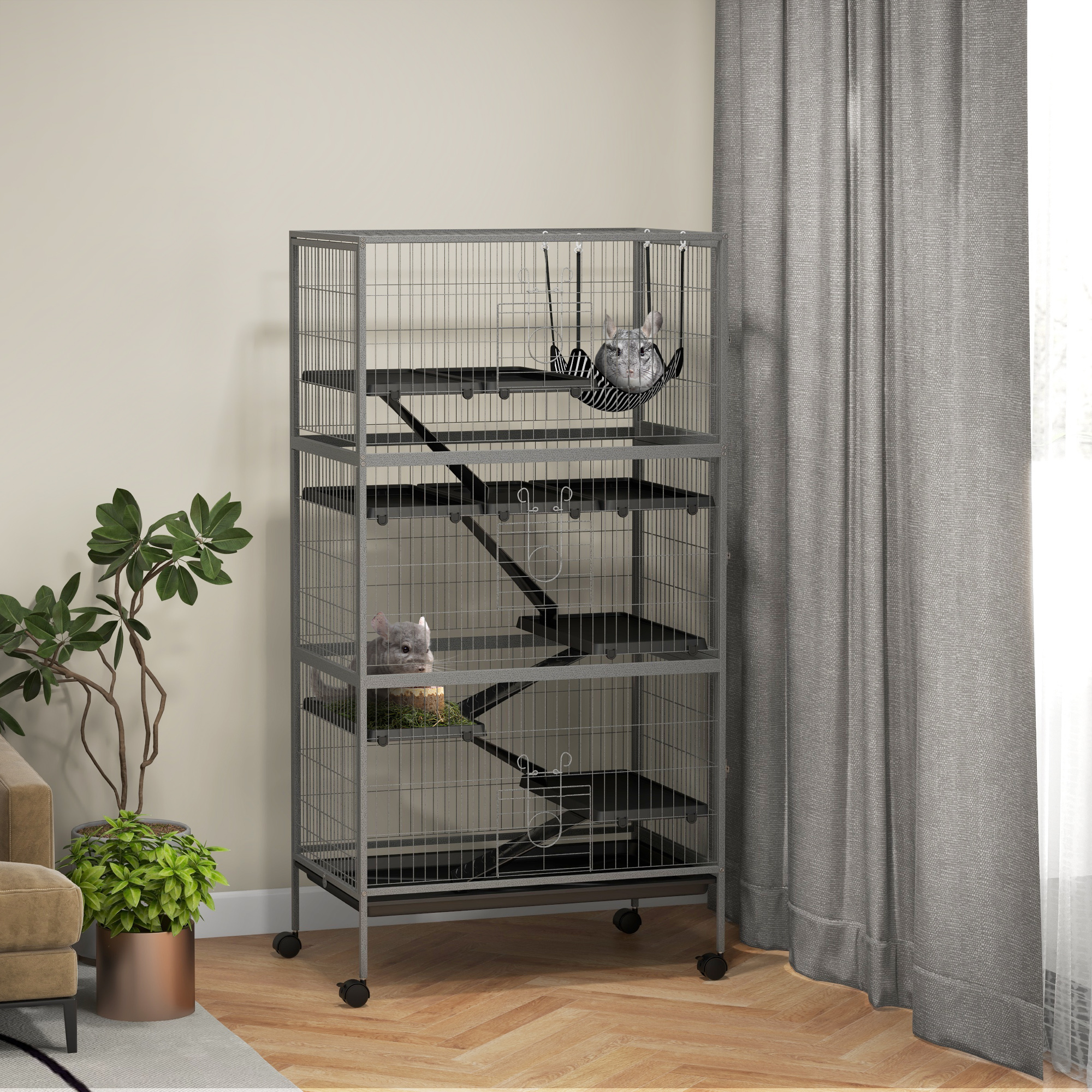 Jaula de Animales Pequeños con Ruedas, 63" con Hammock, Jaula para Hurones, Jaula para Chinchillas, Hábitat para Mascotas con 6 Puertas, Plataforma Removible — imagen 1