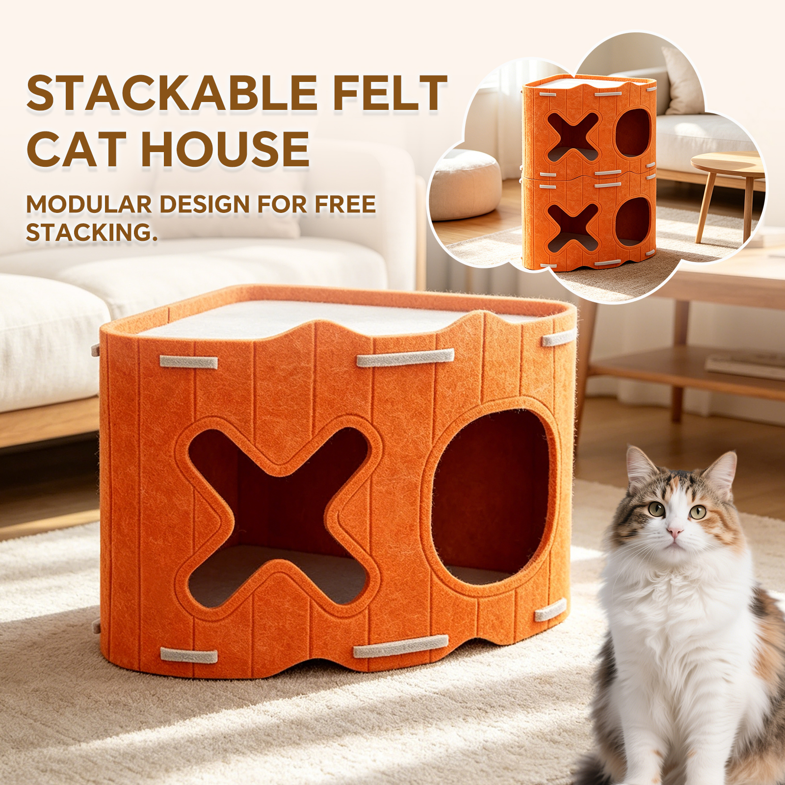 Casa de Gato Móvil y Resistente de Feltro con Cueva Desmontable, Combinación Libre para Escondites de Mascotas Interiores, Albergue Seguro para Familias con Varios Gatos — imagen 2