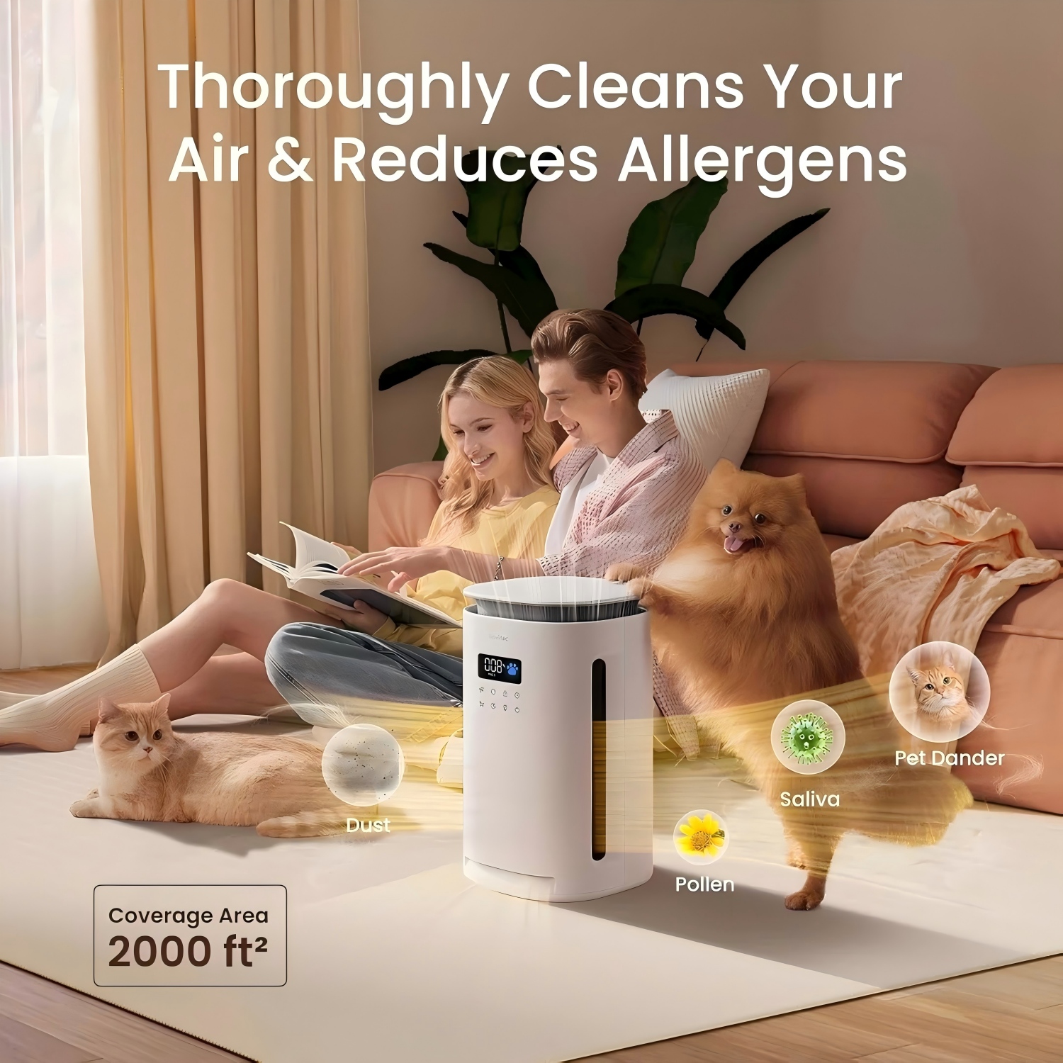 Provirtec Purificador de Aire para Mascotas para Hogares con 4 Filtros Lavables H13 HEPA para Hogares de Mascotas 2 Año Filtro 1800 m2 Probado Reducción de Pelos y Olor de Mascotas PM2.5 Automático y 23 dB Sueño — imagen 4