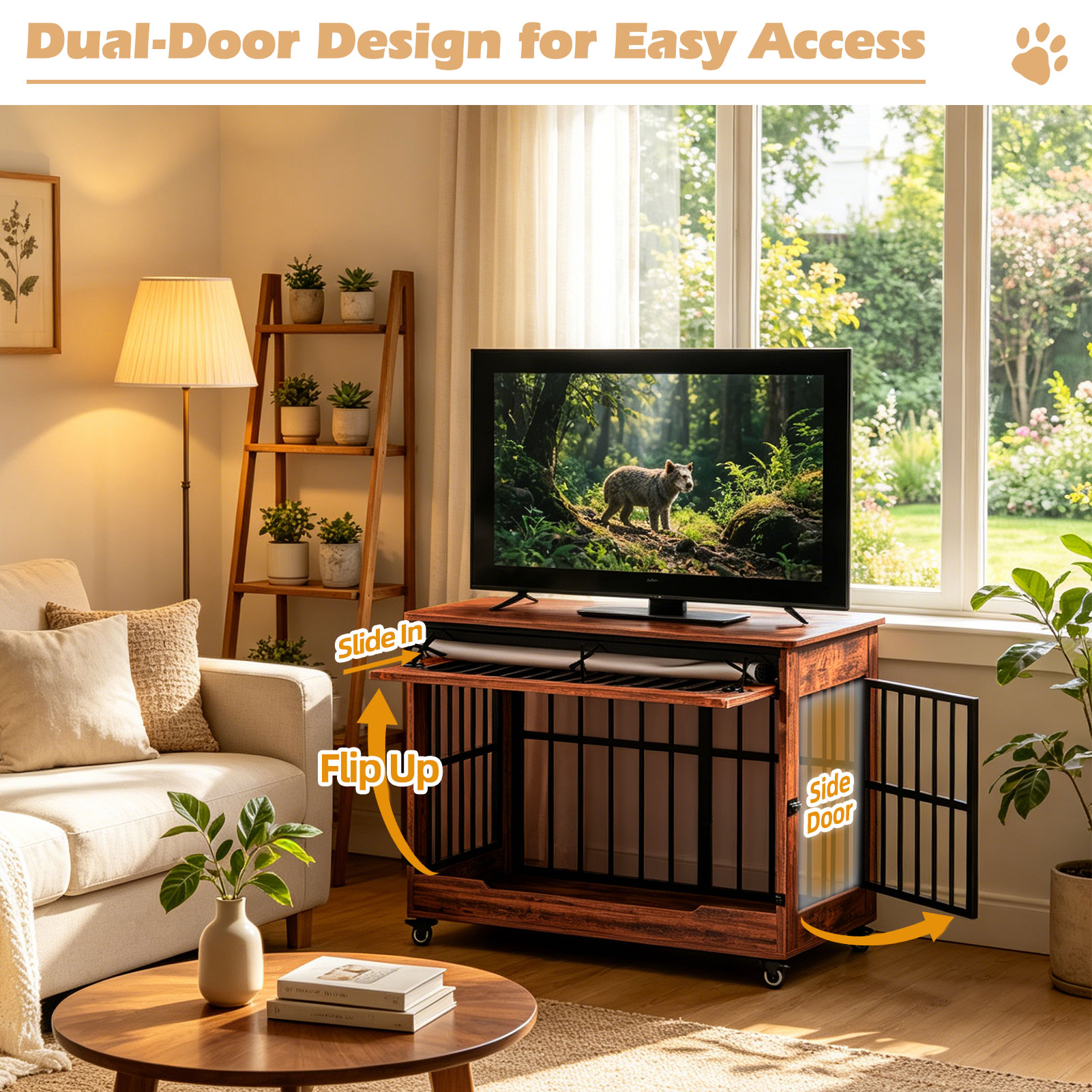 Dog Crate Furniture, Double Door Wooden Indoor Dog Kennel Furniture, Decorative Pet Cage End Table With Wheels For Large And Medium Breed Dogs, Size L, Greige — image 7