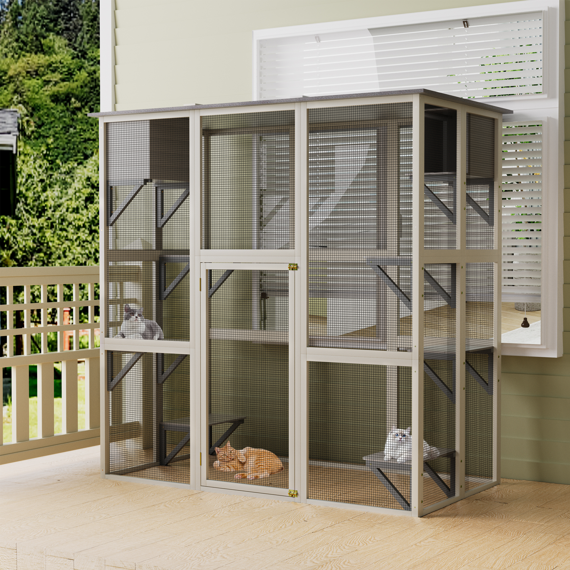 Catio de Exterior en Madera Gris con Techo Asfáltico Resistentes a Clima, Casa para Gatos Grande con 6 Plataformas y 2 Cajas de Descanso, Jaula de Madera Solida para Patio — imagen 1