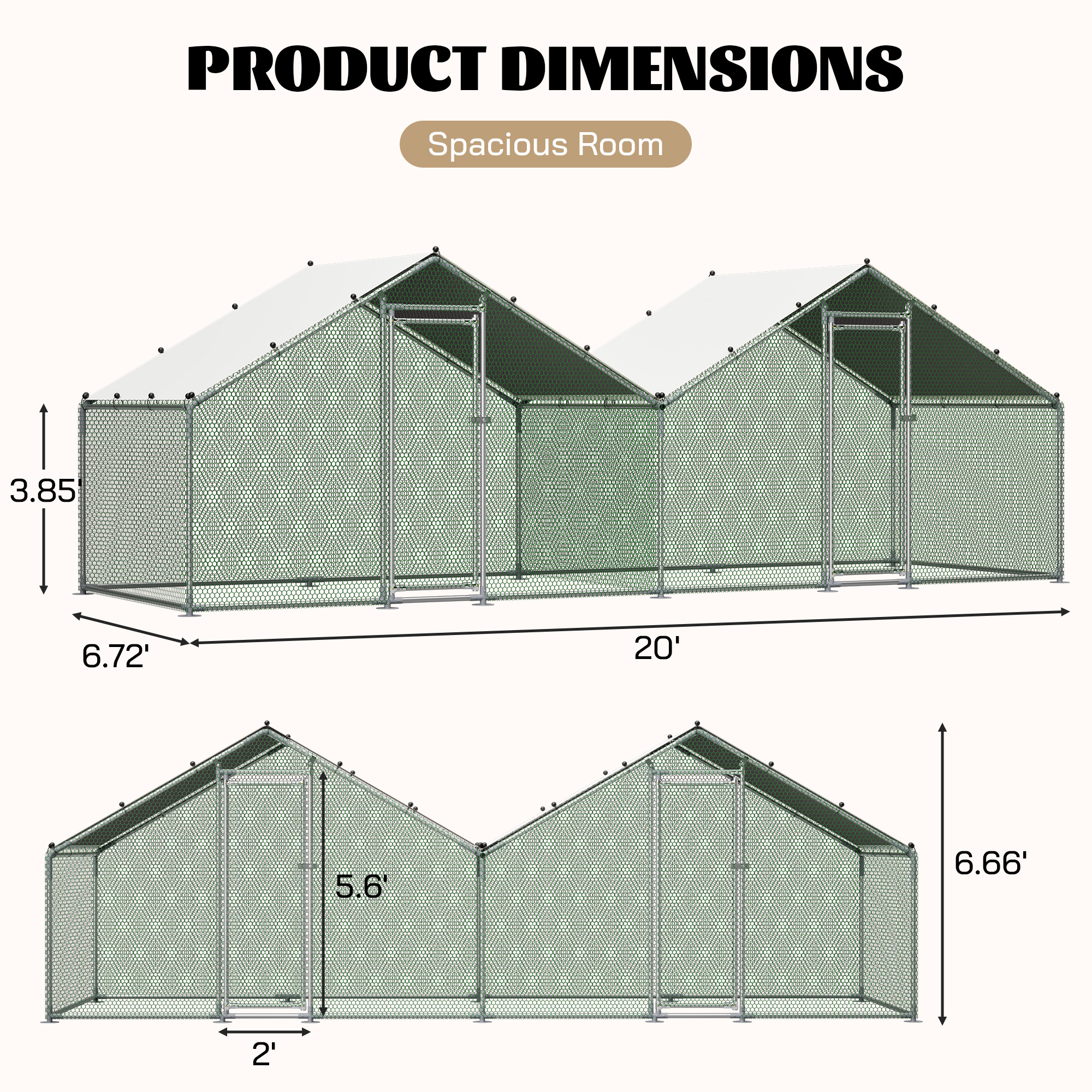 6 x 20 Coop de Pollos Caminable con Techo Impermeable, Diseño Zonal Doble para Jardín de Trasero - Gris — imagen 4