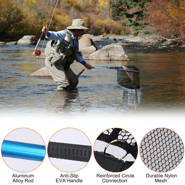 Redes de Pesca Plegable con Varilla de Aleación de Aluminio Manija de EVA Durable 5MM Recubrimiento de Nitrógeno Hexagonal Malla de Nilon Colapsable Red de Aterrizaje Segura para Pescar o Liberar — imagen 4